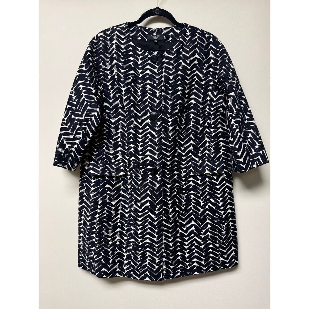 TALBOTS Woman Black/White Herringbone Print 100% Cotton Car Coat, Sz 14W